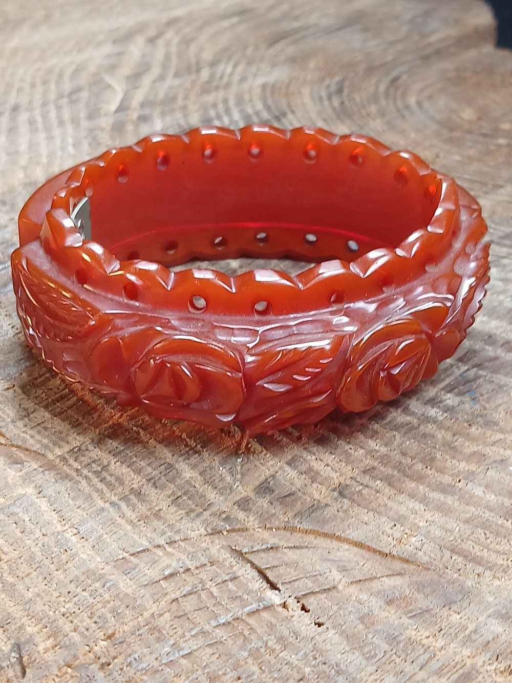 Vintage Floral Carved Red Bakelite Hinged Bangle Bracelet
